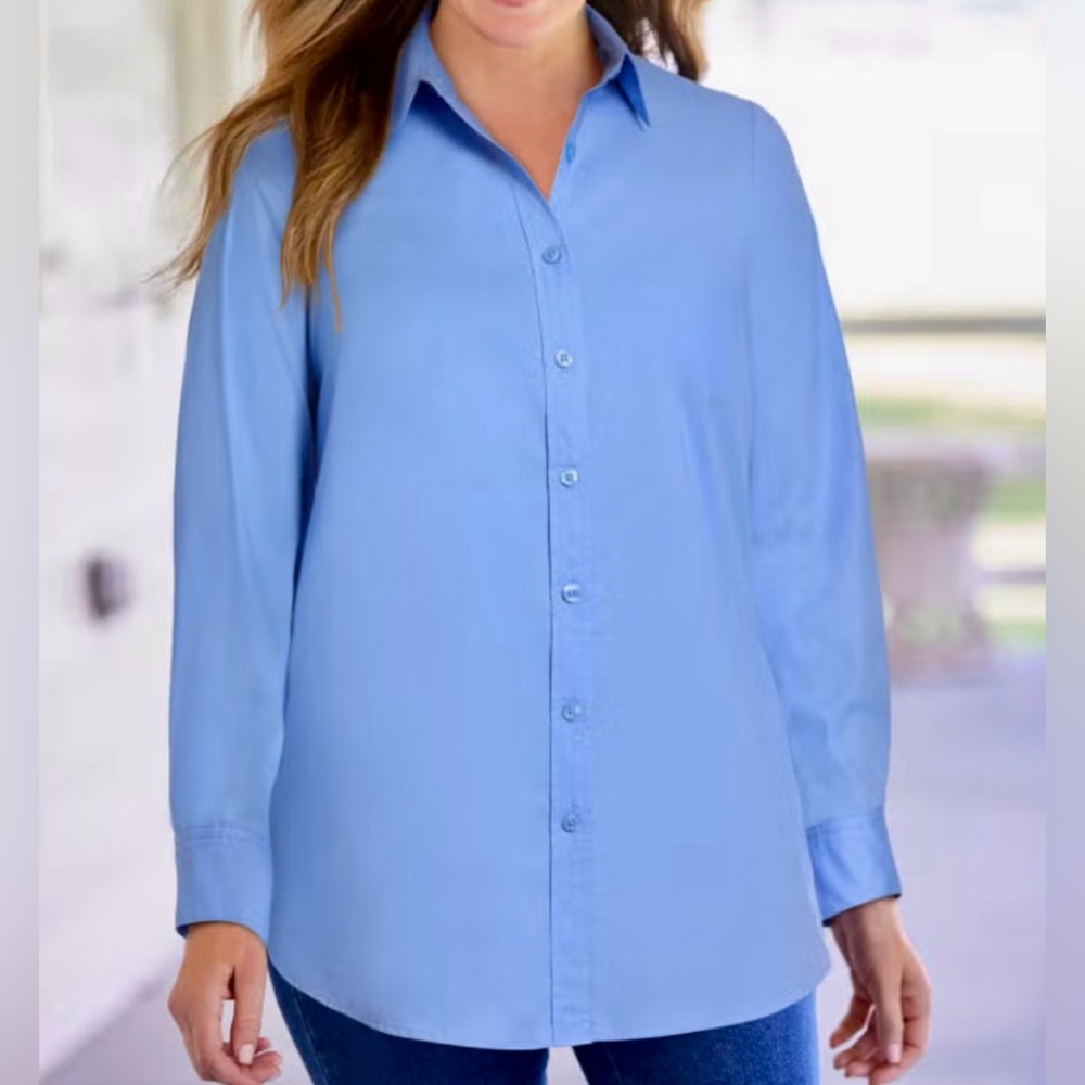 Woman Within French Blue Cotton Button Down Long Sleeve Shirt Size 3X